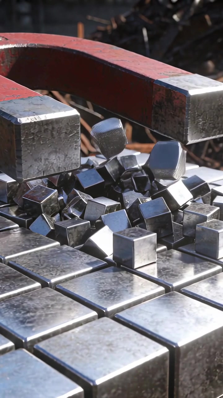Video verticale: Magnete che si abbassa e solleva cubi di metallo da una piattaforma piastrellata in officina per raccogliere rottami.