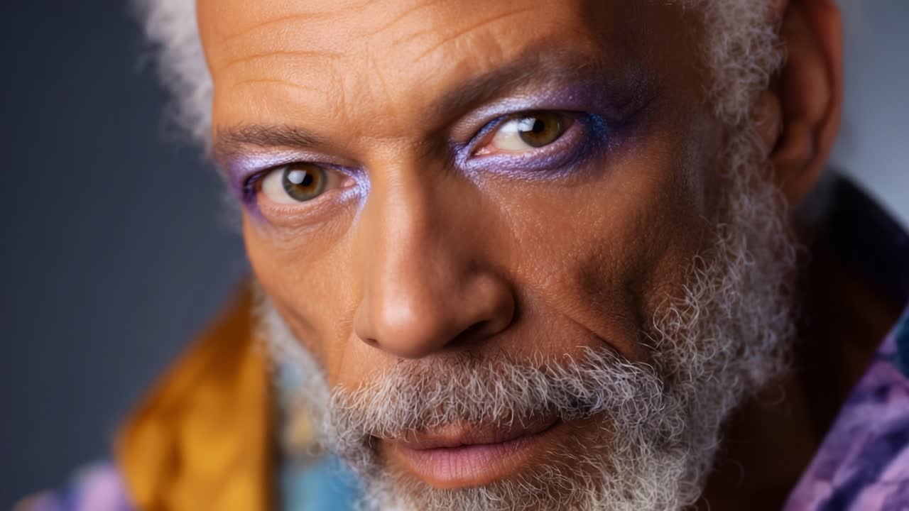 Primo piano di un uomo con un audace eyeliner e uno stile unico, che mette in risalto le espressioni del viso e il trucco colorato in un ambiente da studio