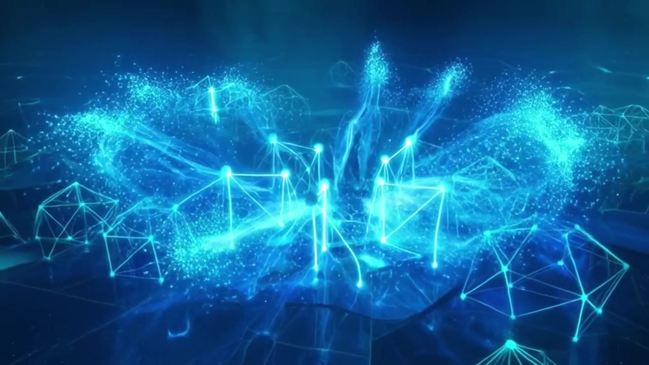 Abstract Digital Network Connection with Glowing Blue Particles and Geometric Structures