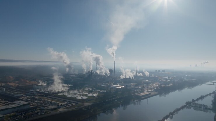 Drone view emphasizing a prominent central smokestack and thick steam plume over the Štětí industrial complex, with surrounding production halls and yards below