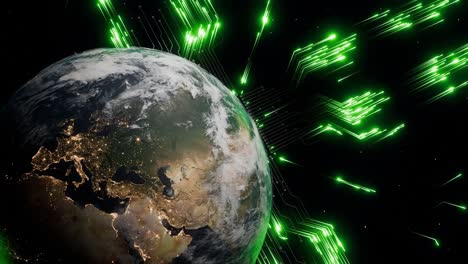 planet earth with visible europe, north africa and the middle east at night and glowing green digital arrows in outer space. 3d render representing global data exchange, cyber communication