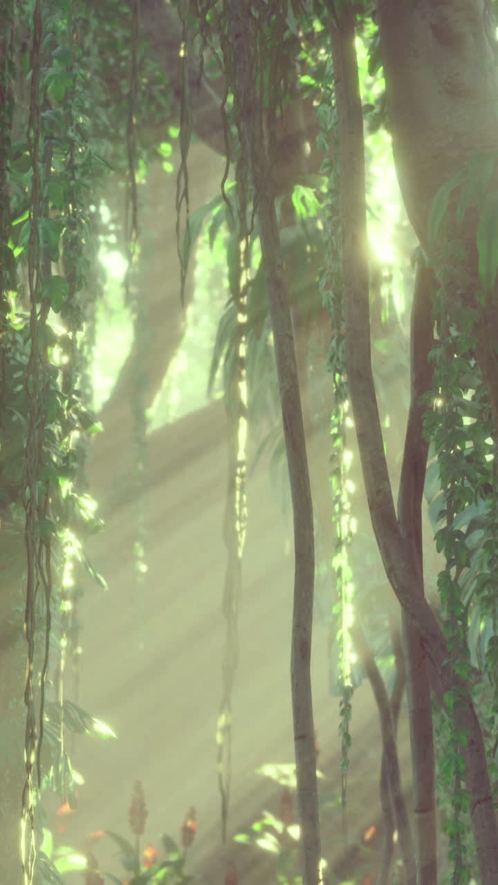 Lush rainforest with sunlight filtering through dense foliage in the daytime