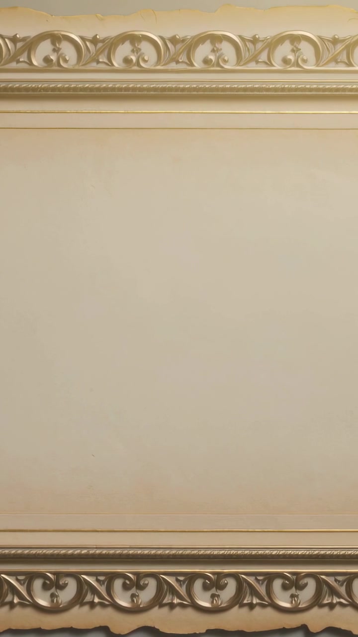 Video verticale: Telecamera che inizia a inquadrare un pannello murale beige in un corridoio, mostrando modanature dorate ornate.
