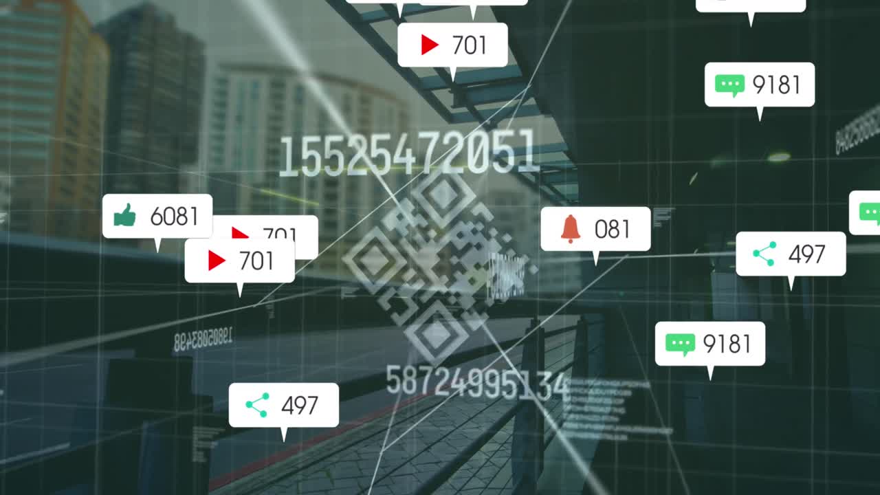 변화하는 번호의 애니메이션, 소셜 미디어 아이콘 및 도시 교통에 대한 qr 코드 스캐너
