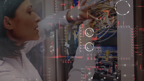 Woman-working-on-computer-server-while-glowing-motherboard-moves-in-foreground