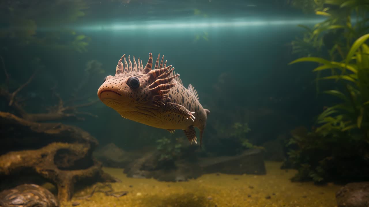 Anfíbio manchado semelhante a um axolote nadando e se aproximando da câmera em um tanque com plantas, desenhado com luz superior