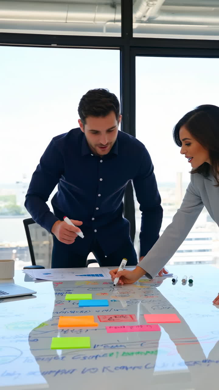Business professionals collaborating and planning on a whiteboard