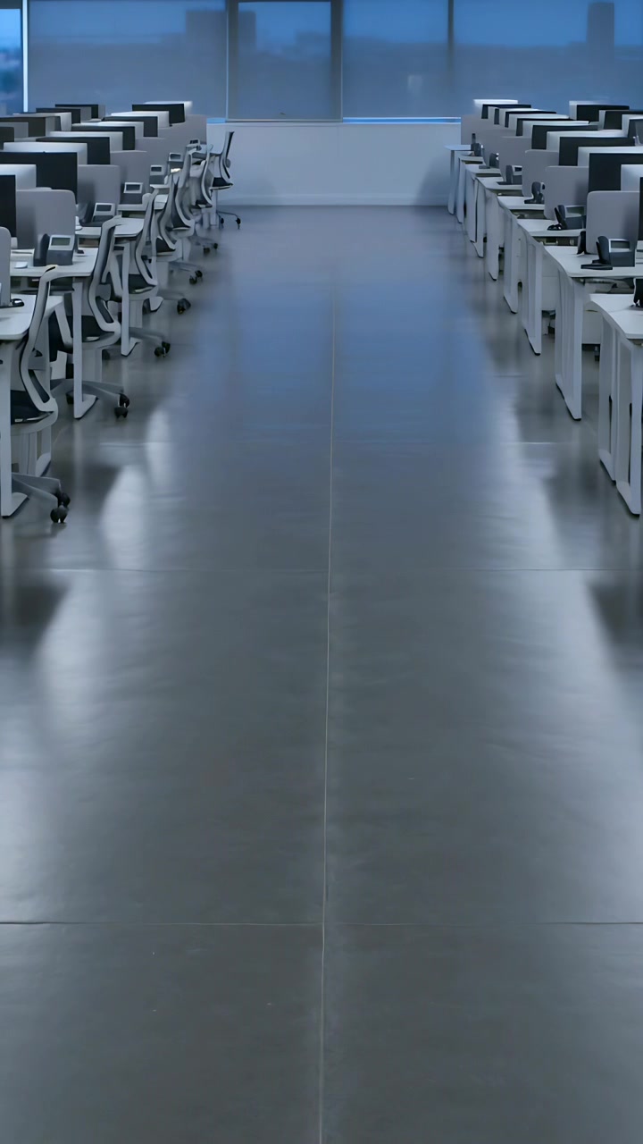 Vertical video: Streaming sunlight warming central aisle, reflecting on right desks and monitors