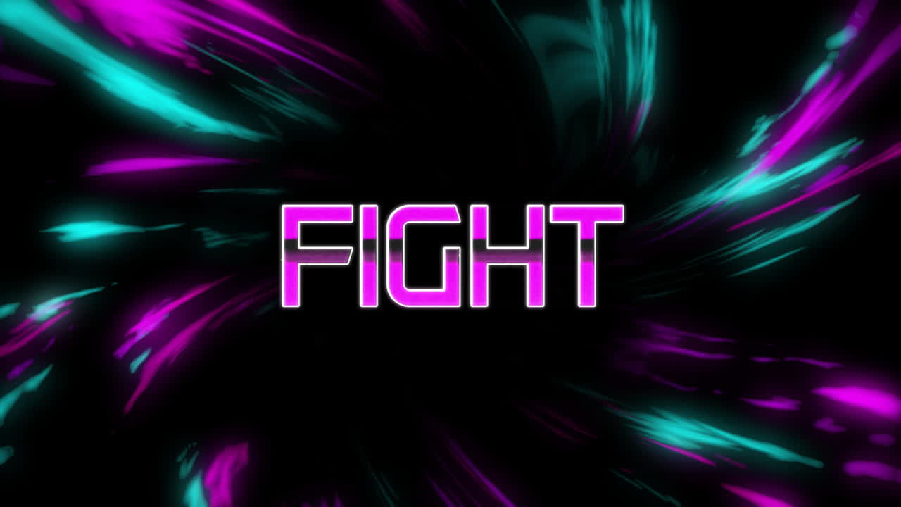 Animation of fight text and shapes moving on black background