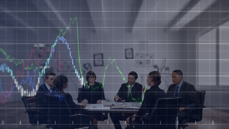 animation of financial graphs over diverse businesspeople having meeting in office