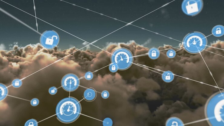 Animation of network of connections with icons over clouds