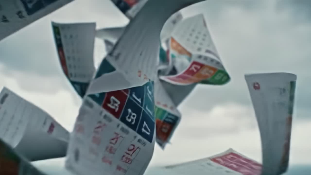 A Whirlwind of Torn Calendar Pages Swirling Through the Air, Capturing the Essence of Time's Passage and Fleeting Moments in an Atmospheric Scene