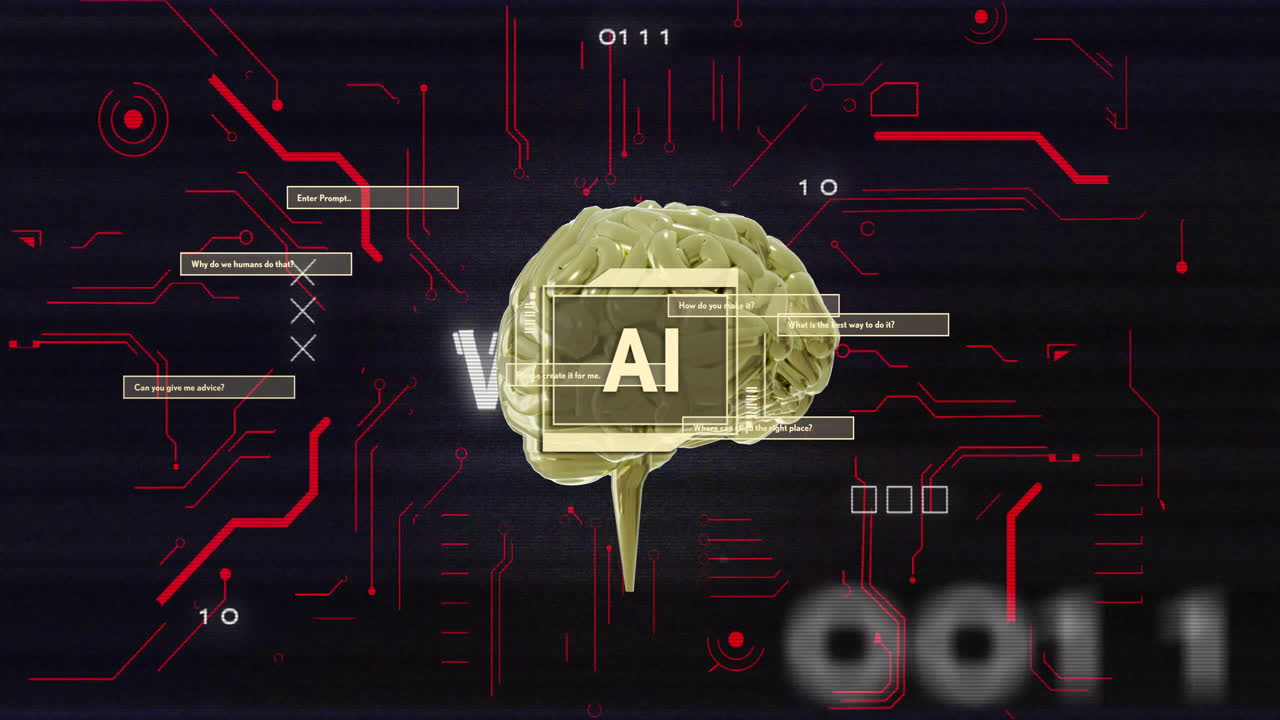 이진 코드 및 데이터 처리 애니메이션을 가진 뇌 모델