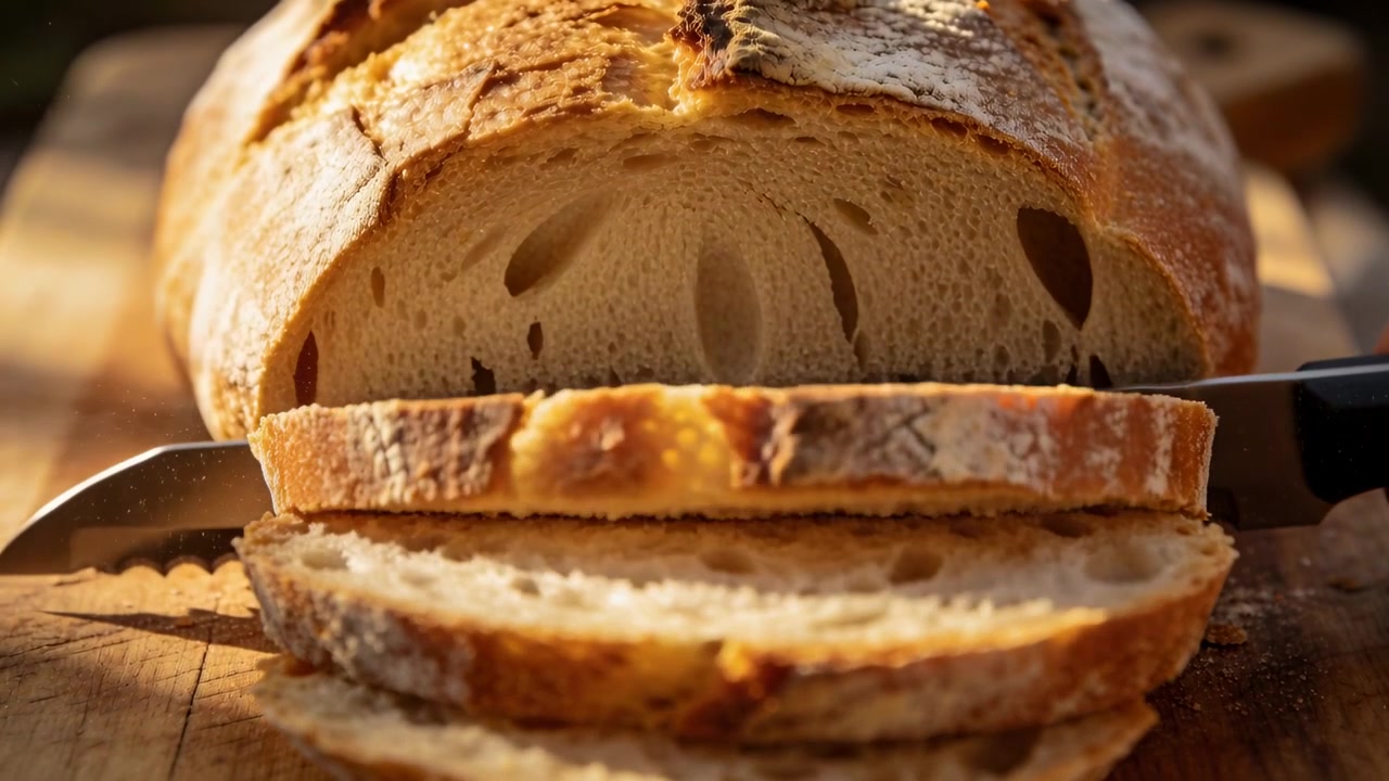 Contacting crust, serrated knife sawing through sourdough loaf on cutting board, making slices