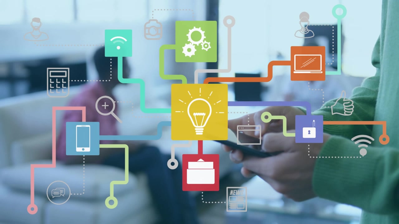 Animation of network of connections with icons over businessman using smartphone