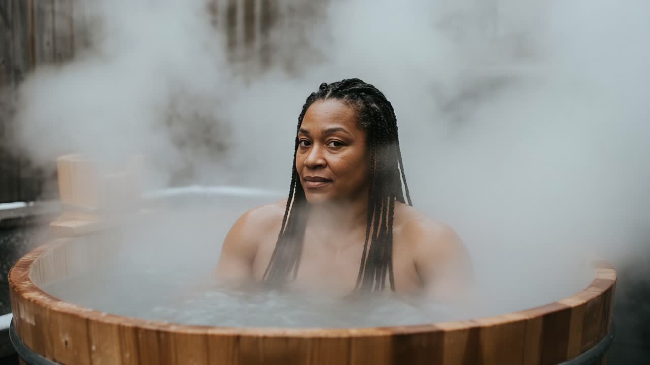 A tranquil scene of relaxation in a hot tub filled with steam, featuring a woman enjoying a peaceful moment of solitude and mindfulness amidst natural surroundings