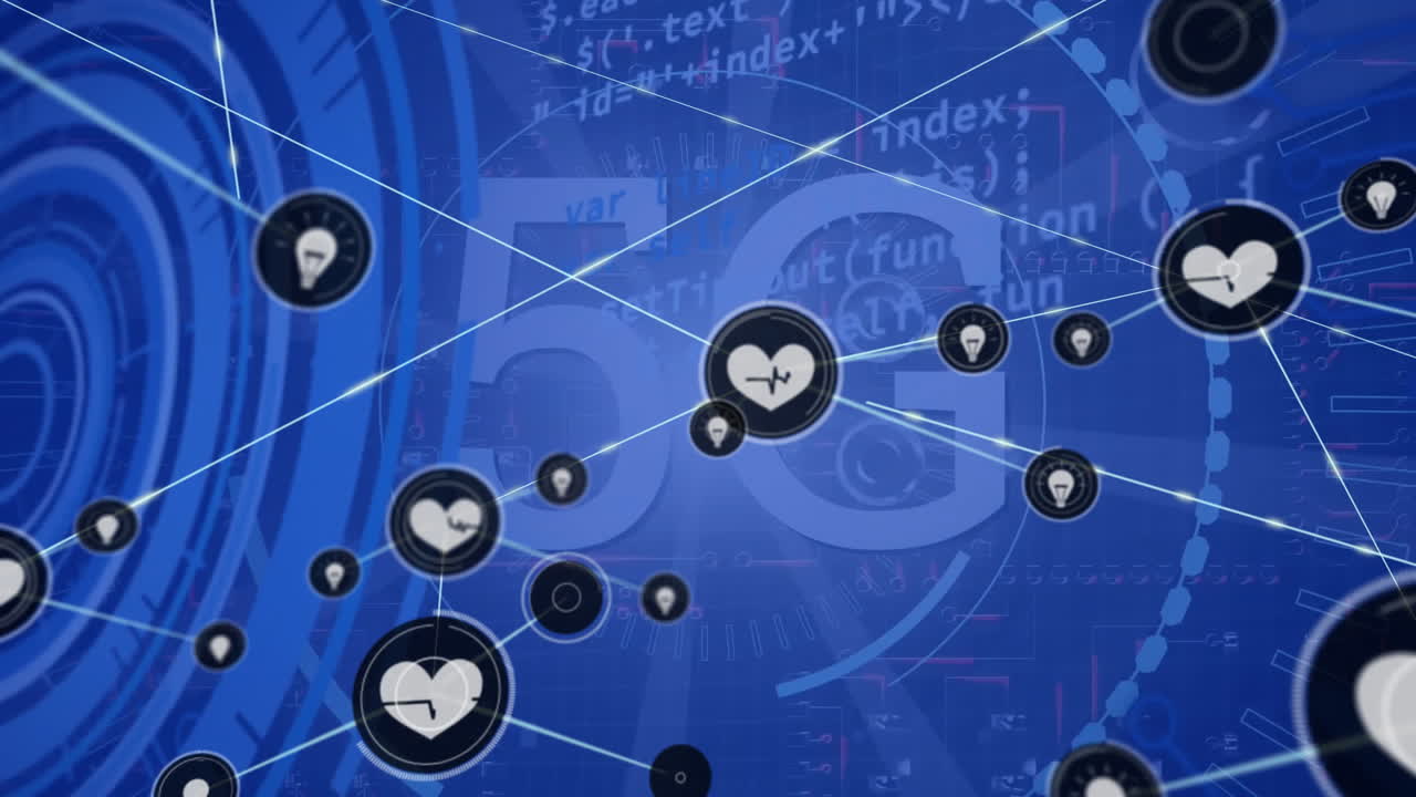 5g 텍스트의 애니메이션, 아이콘을 가진 연결 네트워크를 통해 금융 데이터 처리