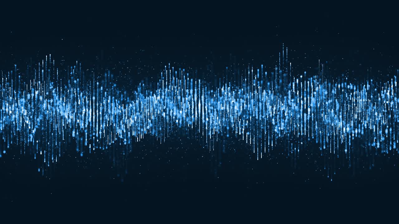 디지털 파동 입자 음악과 작은 입자 춤은 디지털 배경의 파동에 움직입니다.