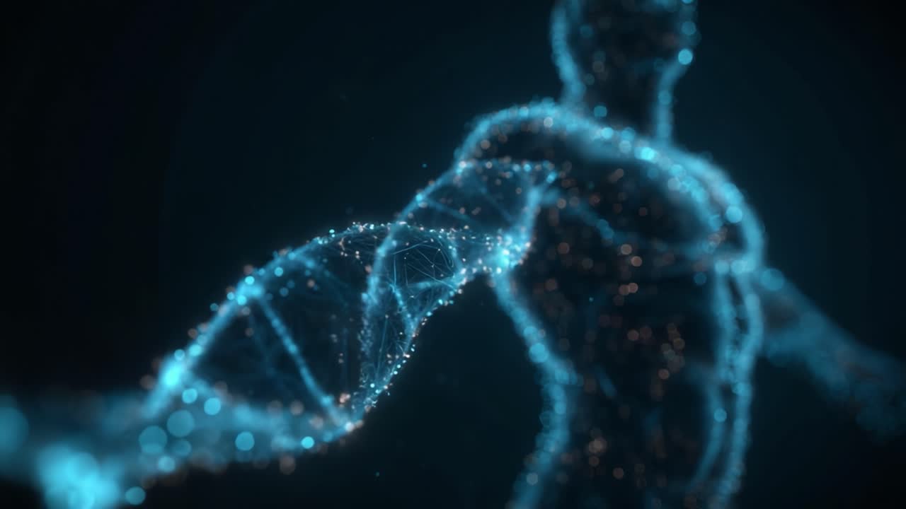 Una rappresentazione dinamica di una figura umana resa con particelle luminose, che cattura l'essenza del movimento e della connessione su sfondo scuro.