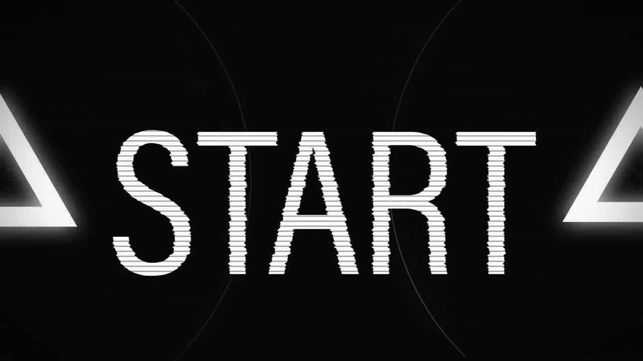 Animation of start text in white over pulsing circles and triangles pn black background