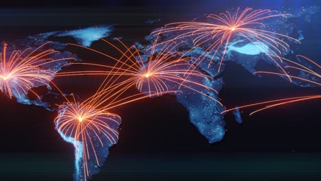 la globalización tecnológica de la tierra en animación 3d. puntos de negocios globales en un planeta giratorio.