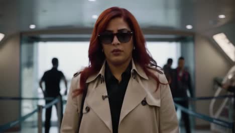 a confident woman walks through an airport terminal with style and purpose, showcasing her fashion with sunglasses and a stylish trench coat.