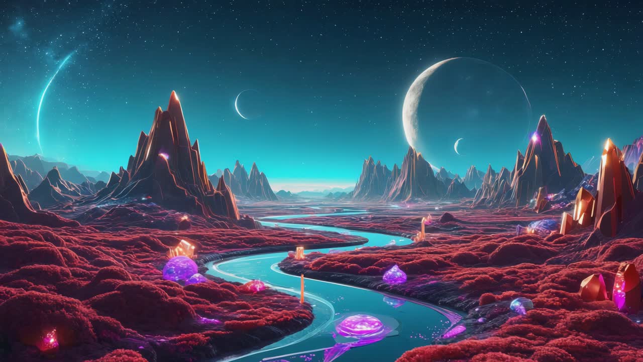 Surreal Alien Landscape with Vibrant Colors and Crystal Formations