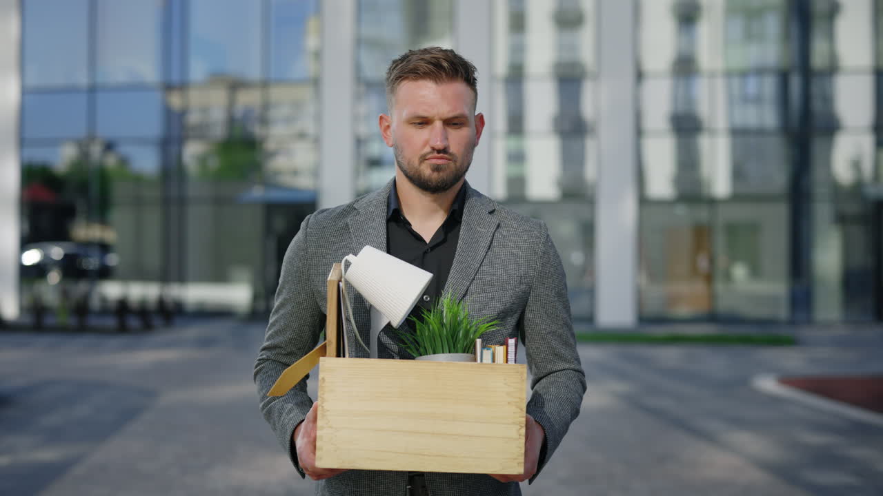 Man Carrying Empty Box Outside Modern Office Building