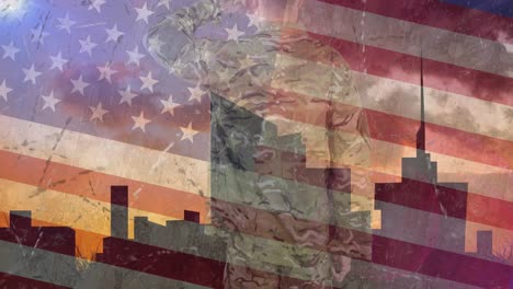 animation of soldier saluting over american flag