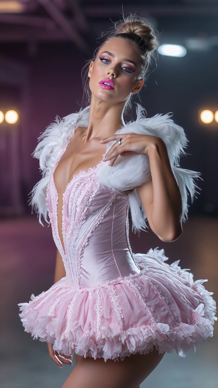 Una giovane donna elegante in un tutù da ballerina rosa con piume bianche posa con grazia all'interno.
