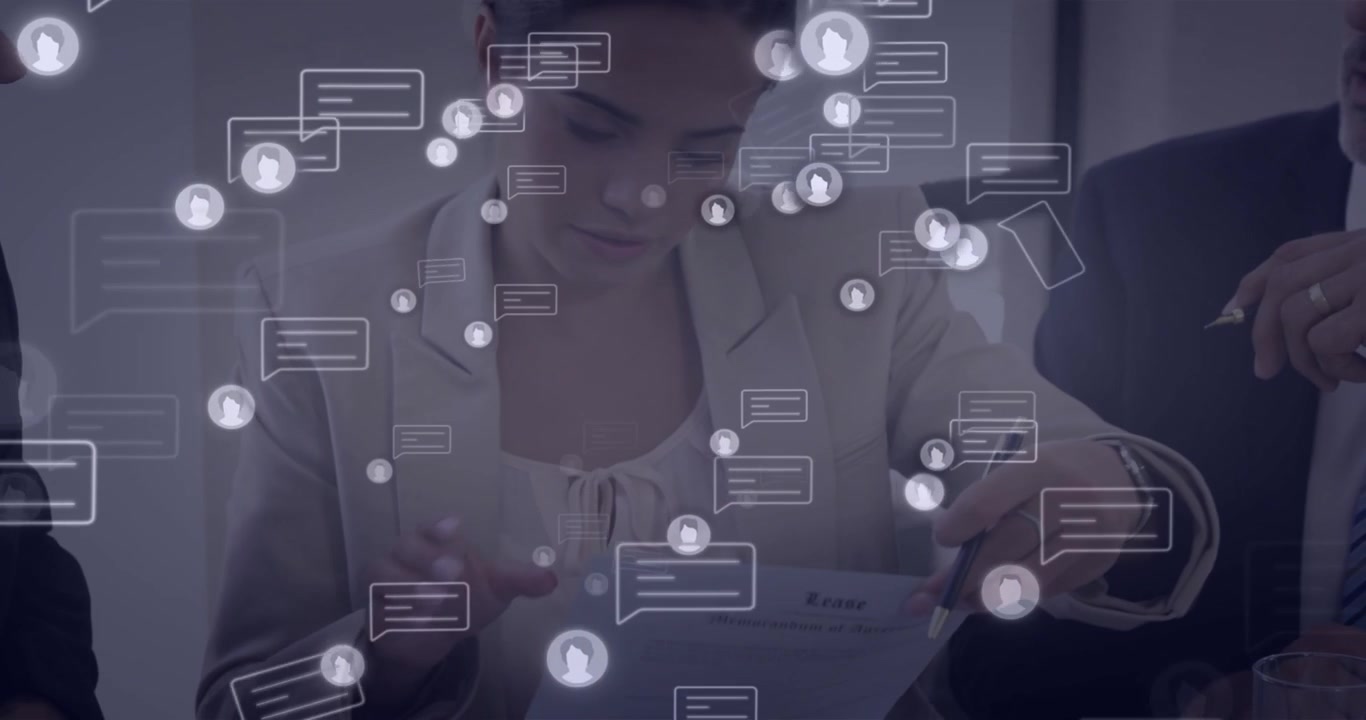 Consultant signing contract in business meeting, as chat bubbles appear highlighting collaboration