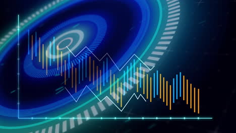 gráfico de datos financieros animado sobre interfaz digital circular azul