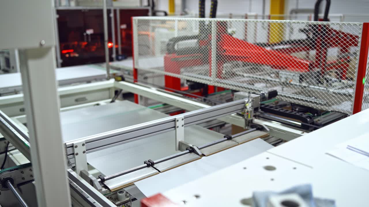 Solar panel is moving on a conveyor belt. Automated machine for producing solar cells inside the modern factory.