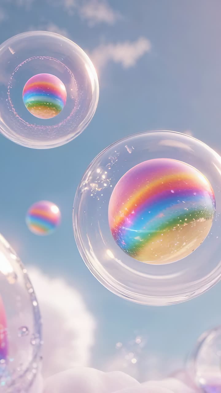 Vertical video: Rising soap bubbles drifting right from cloud in blue sky with rainbow spheres