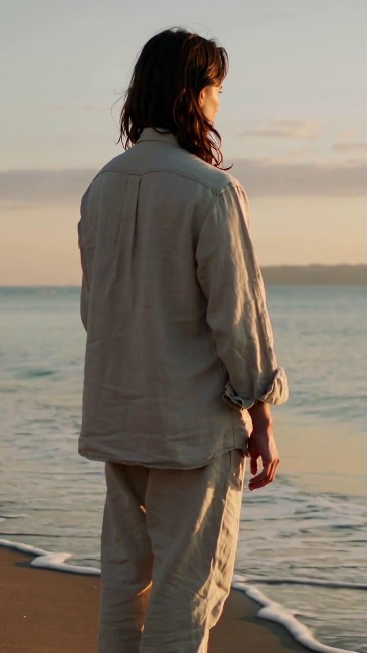 Vertical video: Standing woman in linen turning stepping at shore as wave nears feet to feel sea