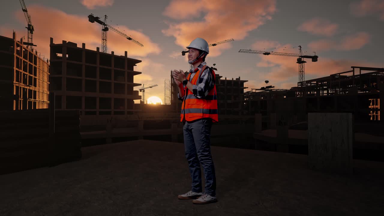 Full Body Side View Of Asian Male Engineer With Safety Helmet Smiling And Clapping His Hands While Standing At Building & Construction Site in Progress to New House