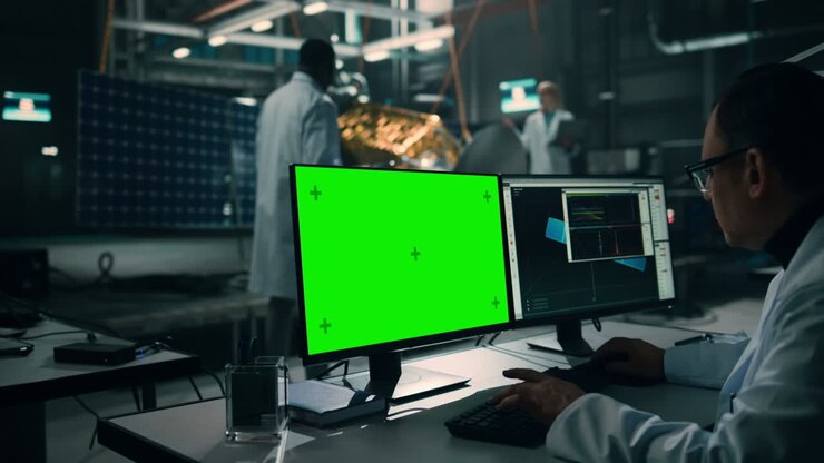 Mandlig ingeniør bruger computer med grøn skærm (mockup-display) til at analysere satellit. Rumfartsorganisations produktionsanlæg: Forskere udvikler, samler rumfartøjer til rumudforskningsmission.