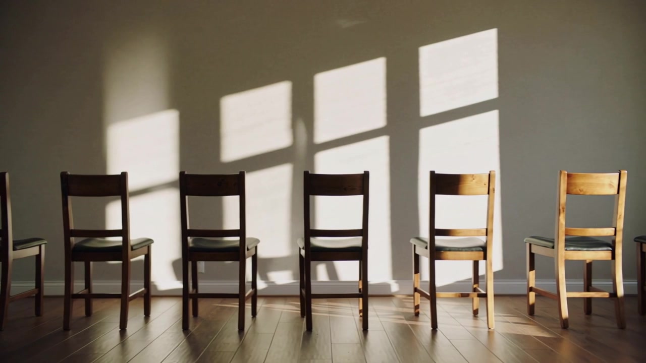 Sliding sunlight through right window, shifting shadows on chairs across wall and floor, left panel