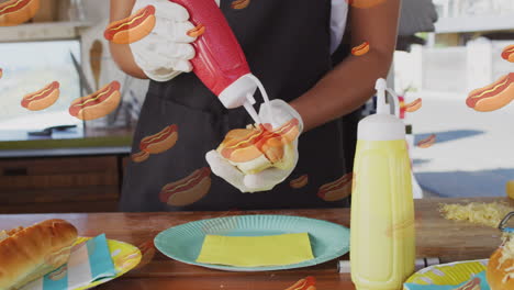 animación de iconos de perritos calientes sobre mujer afroamericana trabajando en un camión de comida