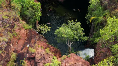 top view of the tourists swimming at the waterhole of florence falls in litchfield national park in australia