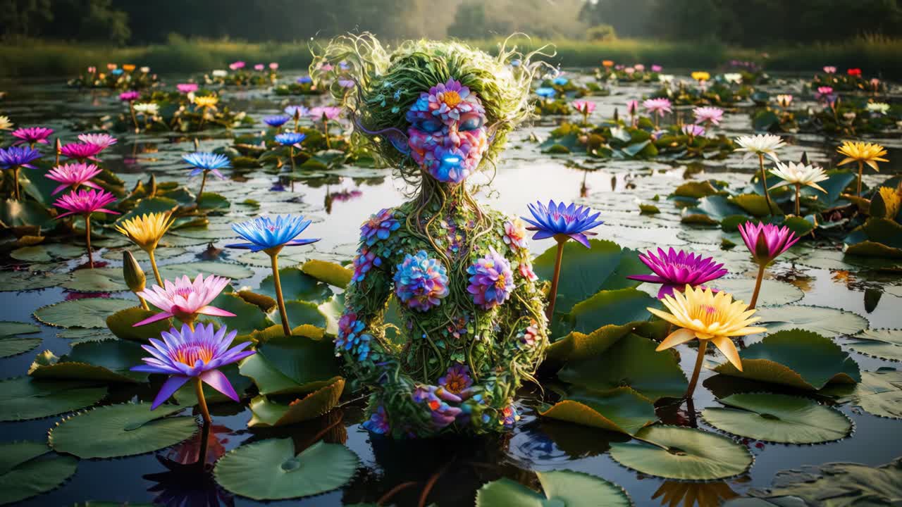 A serene water lily goddess in a magical pond