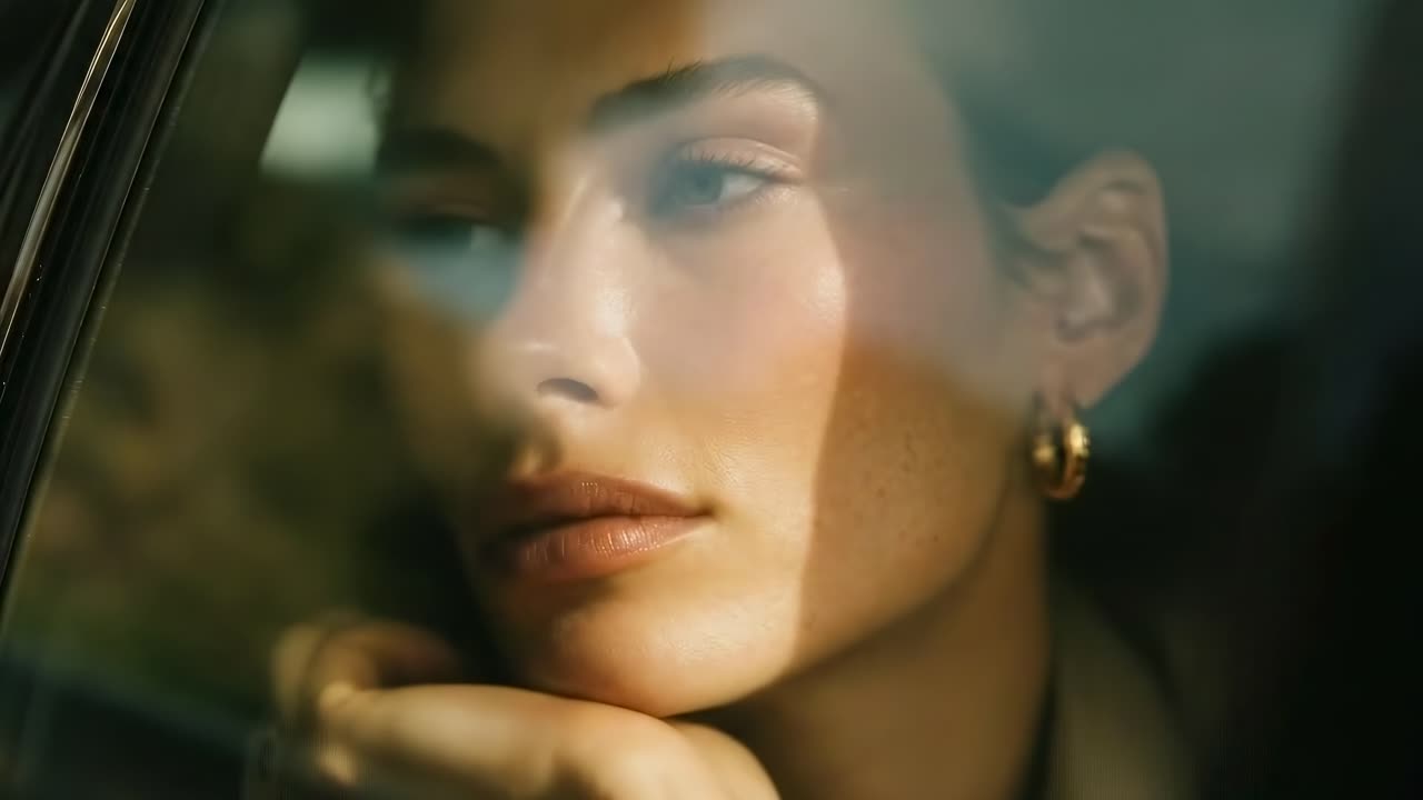 Primo piano di una donna pensierosa che guarda fuori dal finestrino di un'auto, stile video cinematografico, angolazione laterale