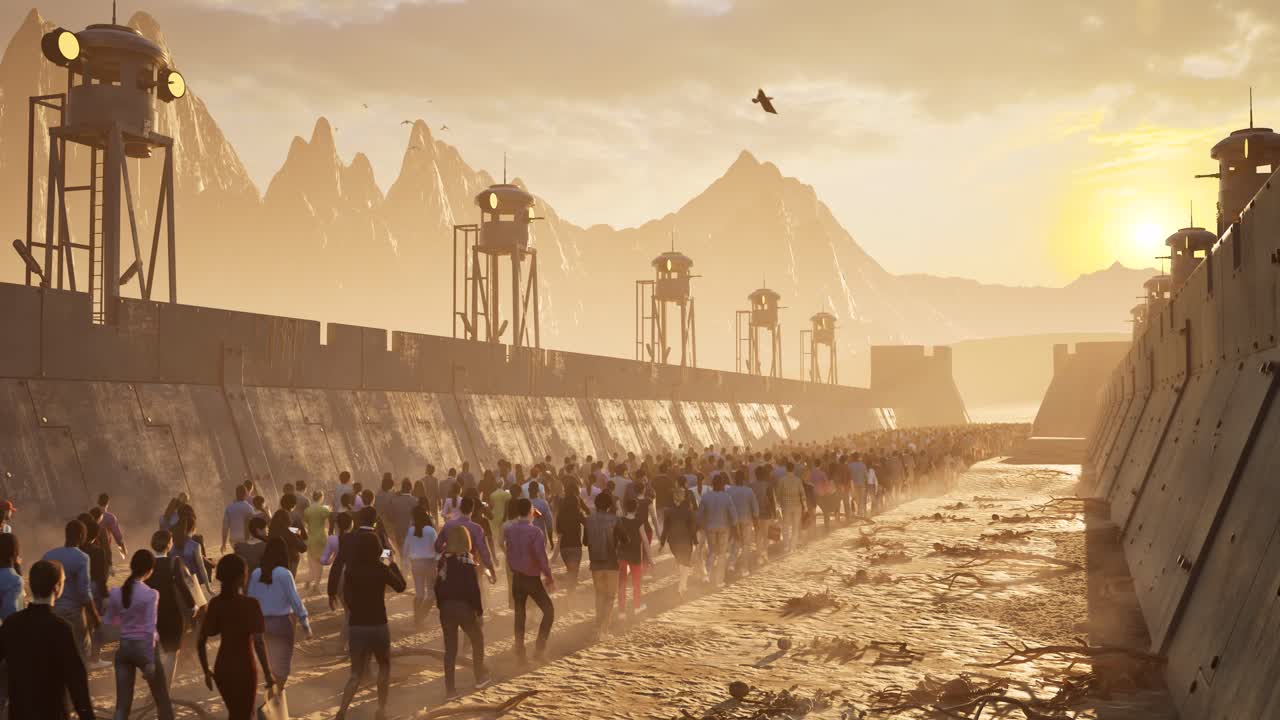 Dystopian post apocalyptic scenery in a desert arid environment with metal walls, refuges walking, bones scattered, flying birds, rocks, sand, and dust particles 3D animation, camera dolly up