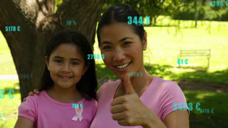 Wearing-pink-shirts-with-breast-cancer-ribbons,-mother-and-daughter-with-data-animation