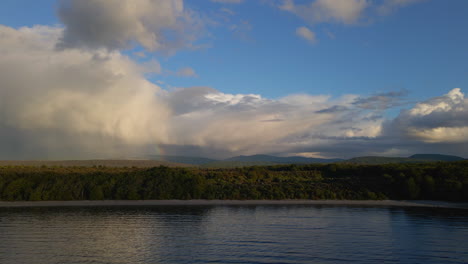 Vista-Aérea-Descendente-Lenta-Del-Denso-Bosque-Verde-Junto-Al-Lago-Te-Anau-En-Nueva-Zelanda