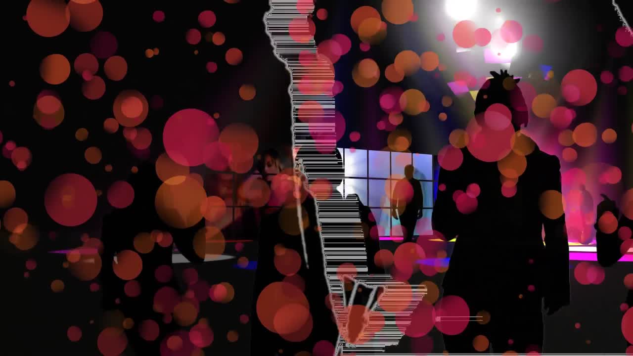 춤추는 사람들의 실루 ⁇ 과 움직이는 빛의  ⁇ 은 반점이