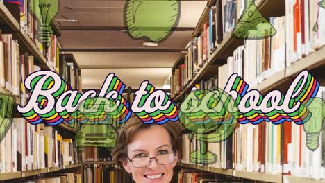animación de iconos de artículos escolares y texto de regreso a la escuela sobre maestra caucásica