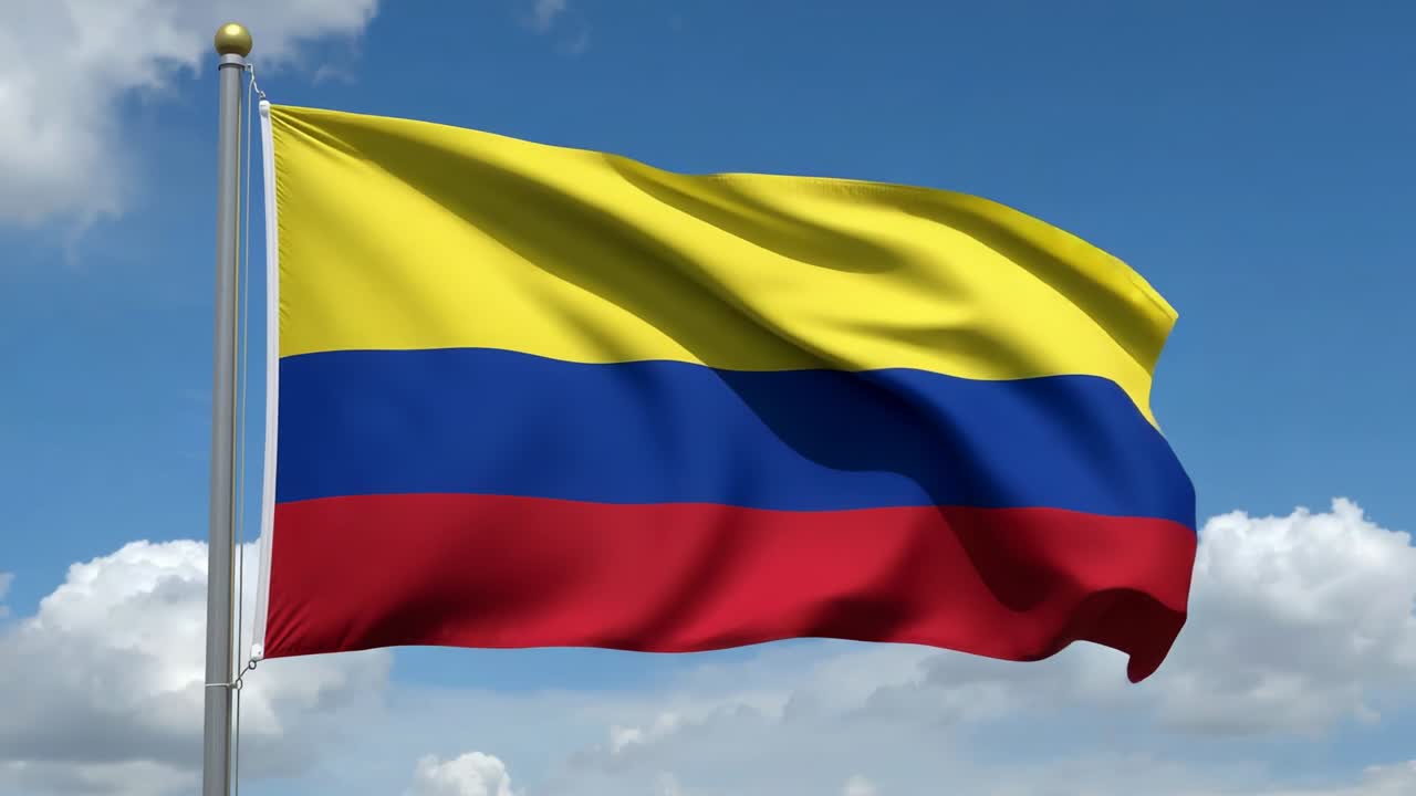 Rippling Colombian flag dancing against sky as breeze picking up, with silver pole and gold finial