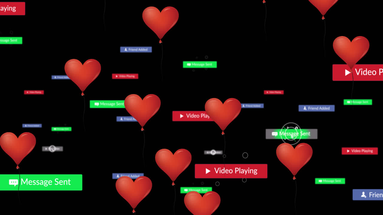 검은색 배경 위에 떨어지는 소셜 미디어 아이콘의 애니메이션