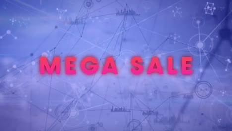 Animation-of-mega-sale-text-with-connected-graphs-and-timer-icons-with-cubes-over-cloudscape